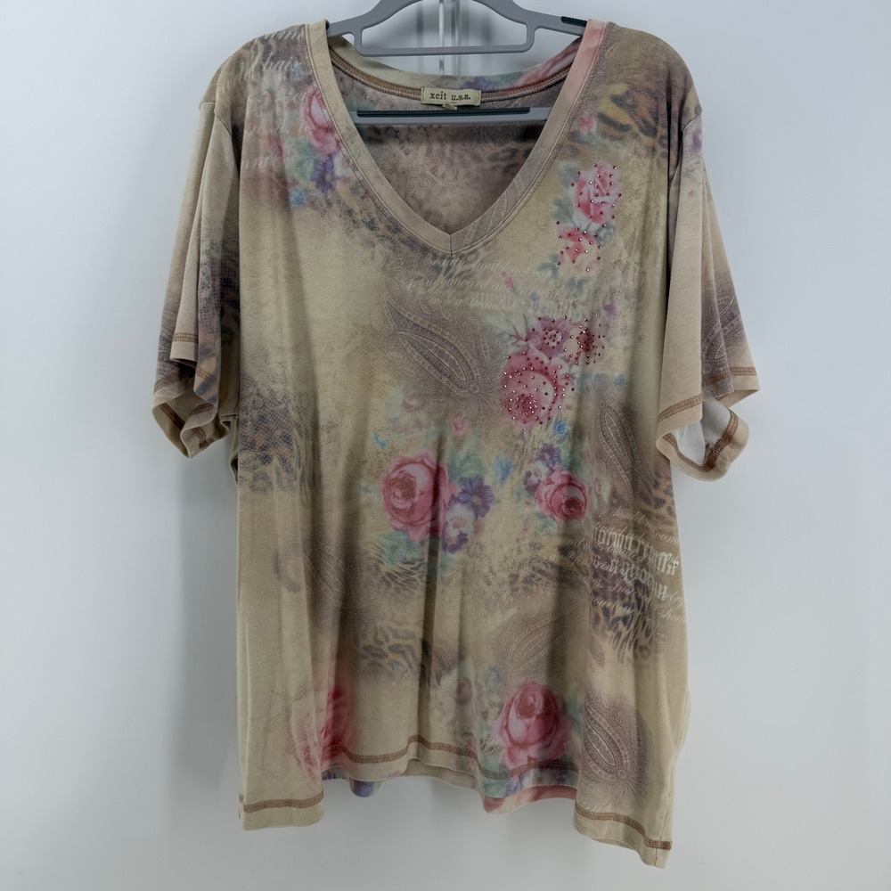 Xcit USA T-Shirt Womens 3X Tan Floral Paisley Rhinestone Boho Y2K Fairycore Tee